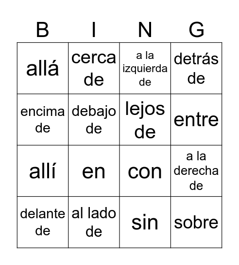 Prepositions used with ESTAR Bingo Card