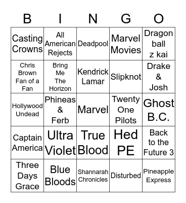 Entertainment Bingo Card