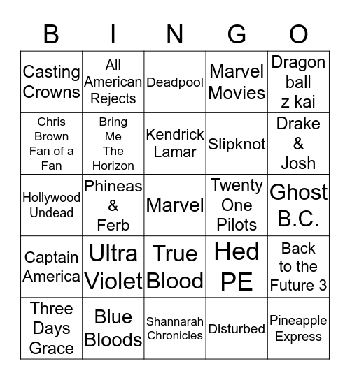 Entertainment Bingo Card