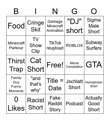 Youtube Shorts Bingo Card