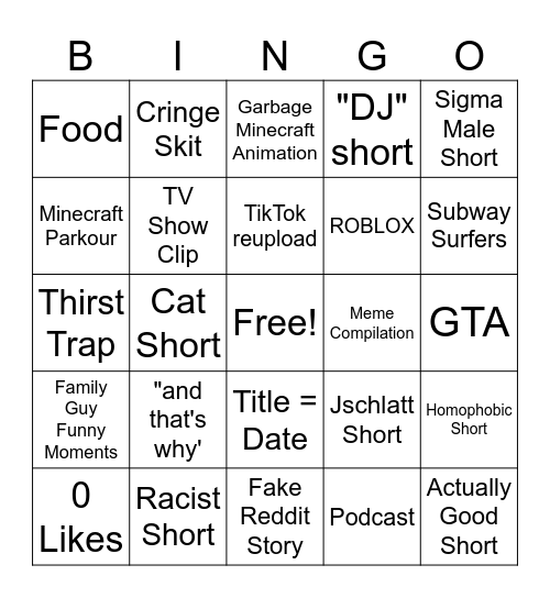 Youtube Shorts Bingo Card