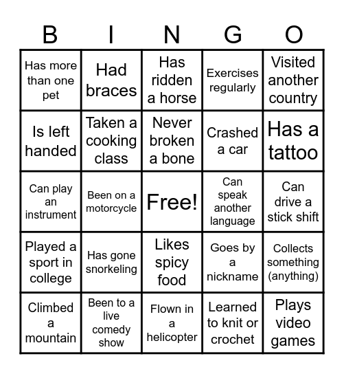 Team Building Bingo Card