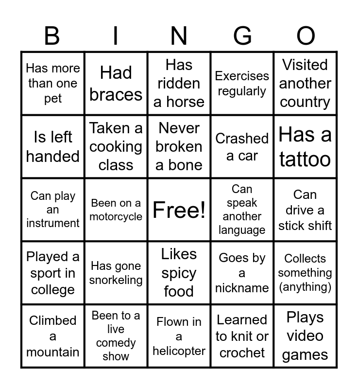 Team Building Bingo Card