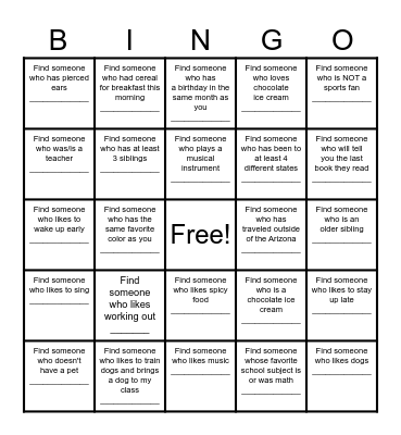 Find a Friend Bingo Card