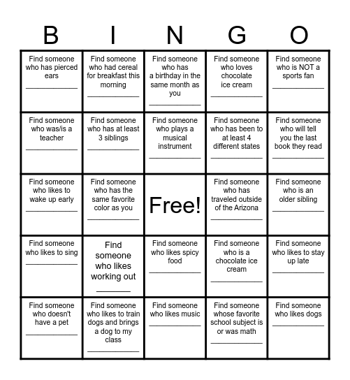 Find a Friend Bingo Card