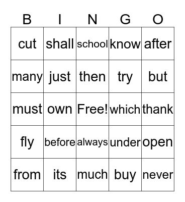Sight Word Bingo Card