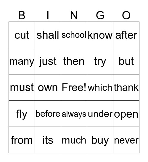 Sight Word Bingo Card