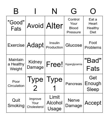 Diabetes Bingo Card