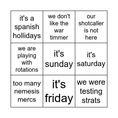 Reckless Hive Excuses BINGO Card