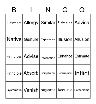 Vocabulary Upgrade ! Bingo Card