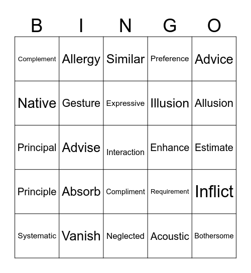 Vocabulary Upgrade ! Bingo Card