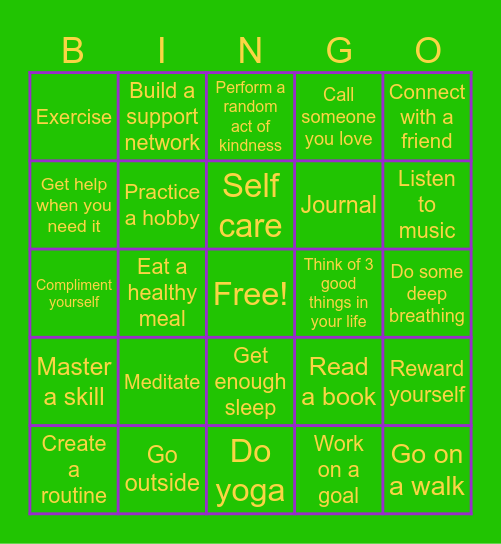 Mental Health Bingo Card