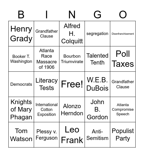 New South Bingo Card