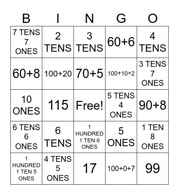 PLACE VALUE UP TO 120 Bingo Card