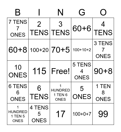 PLACE VALUE UP TO 120 Bingo Card