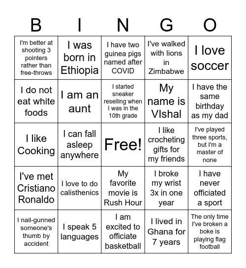 Basketball Training Bingo Card