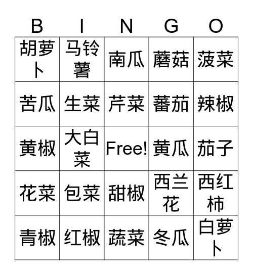 蔬菜bingo Card