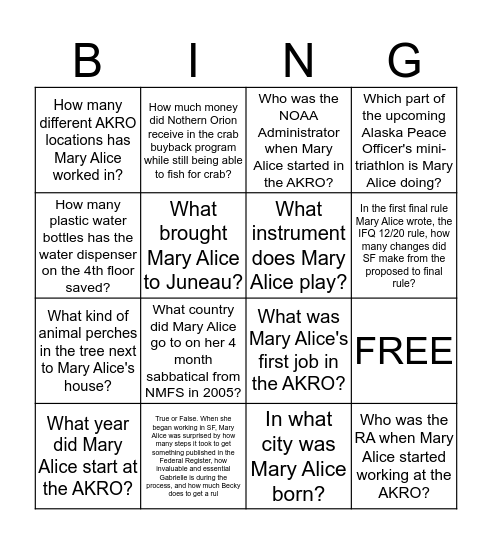 Better Know a Coworker: Mary Alice edition Bingo Card