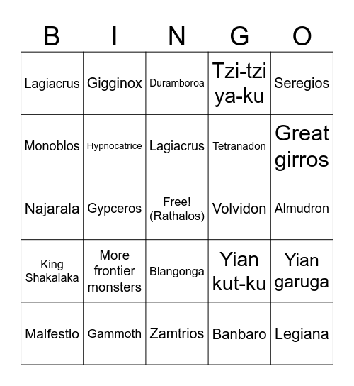 MH Wilds monsters Bingo Card