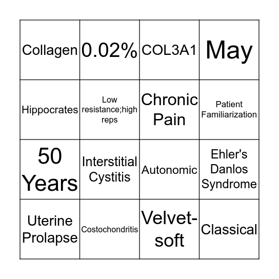 Ehler's Danlos Syndrome Bingo Card