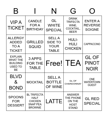 SERVICE BINGO! Bingo Card