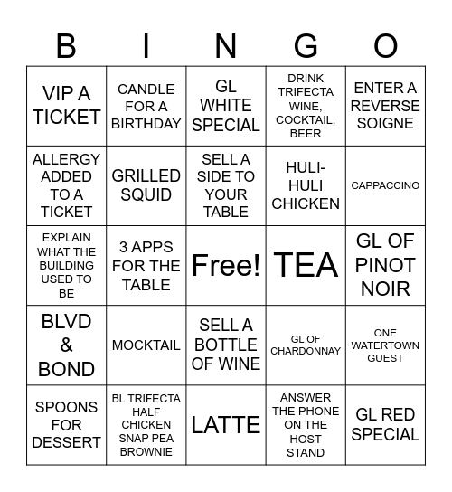 SERVICE BINGO! Bingo Card