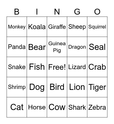 Animals Bingo Card