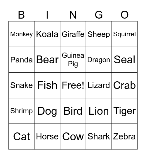 Animals Bingo Card