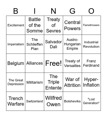 World War I Bingo Card