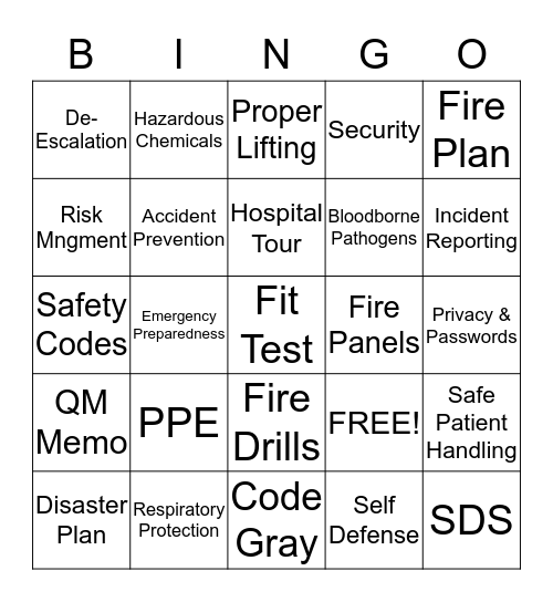 Safety Fair 2016 Bingo Card