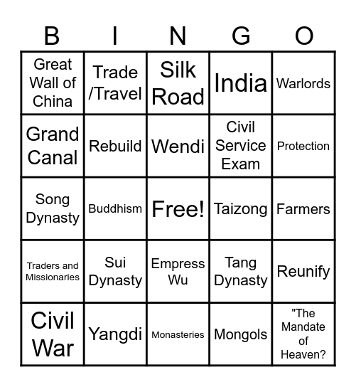 China in the Middle Ages 4-1 Bingo Card