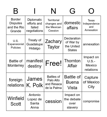 Mexican American War Bingo Card