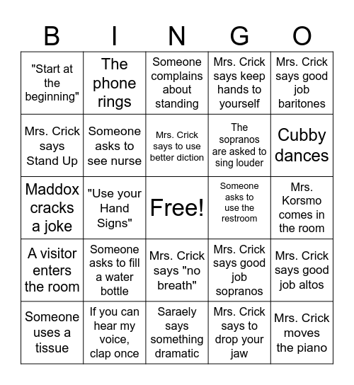 Choir Bingo Card