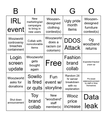 Woozworld 2024 Bingo Card