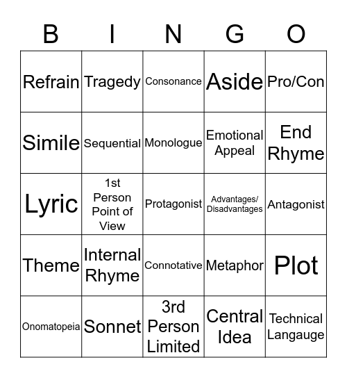 Language Arts Review Bingo Card