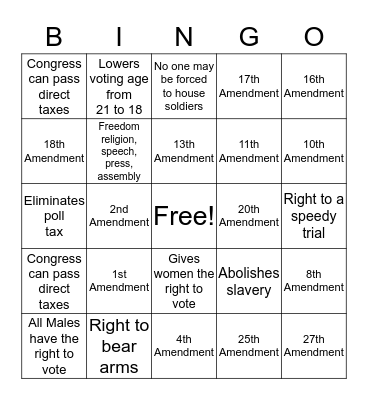 US Constitution Bingo Card