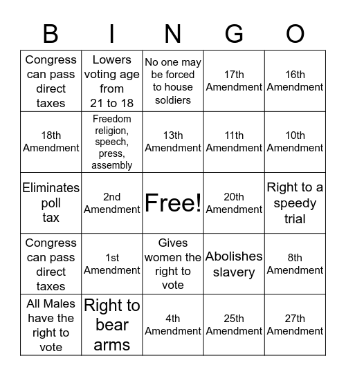 US Constitution Bingo Card