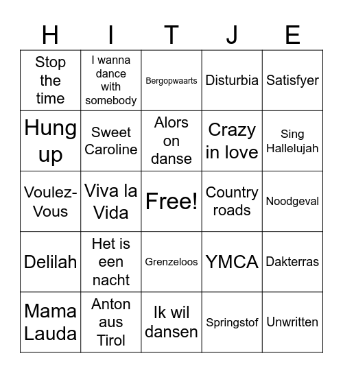 Hitjes Bingo Card