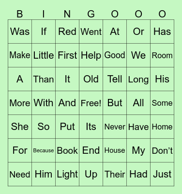 First Grade Sight Words Bingo Card