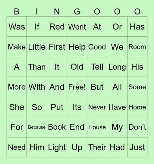 First Grade Sight Words Bingo Card