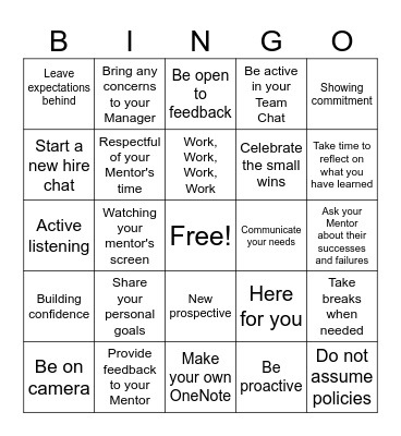 Mentorship Expectations Bingo Card