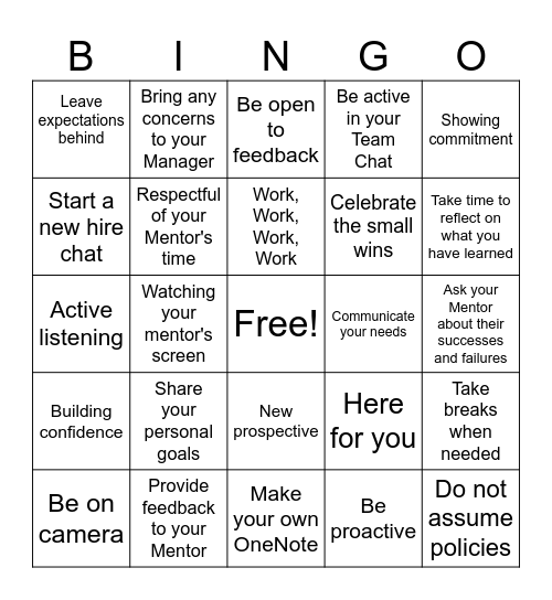 Mentorship Expectations Bingo Card