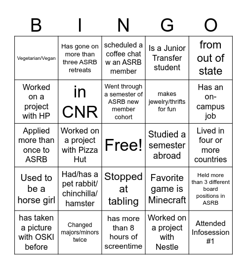 ASRB Social Night BINGO Card