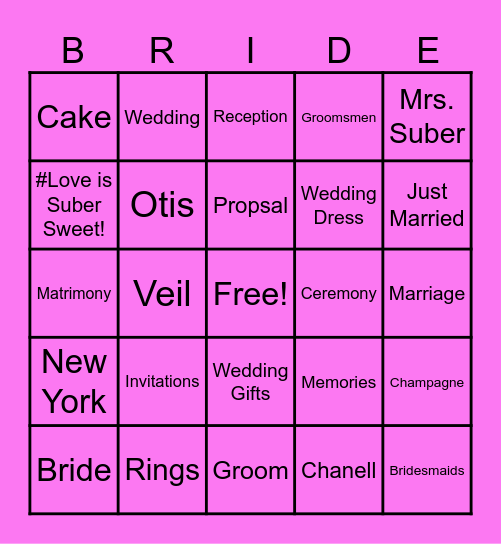 Chanell's Bridal Shower Bingo Card