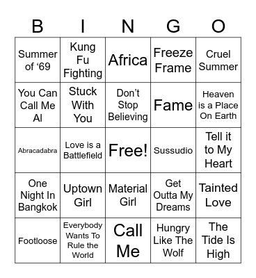 80's Pop Music Bingo Card