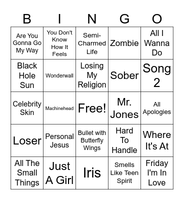 90's Rock Bingo Card