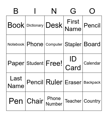 Classroom Supplies & Personal Information Bingo Card