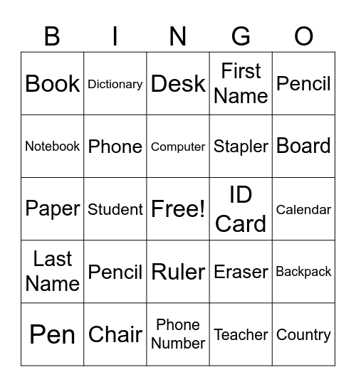 Classroom Supplies & Personal Information Bingo Card