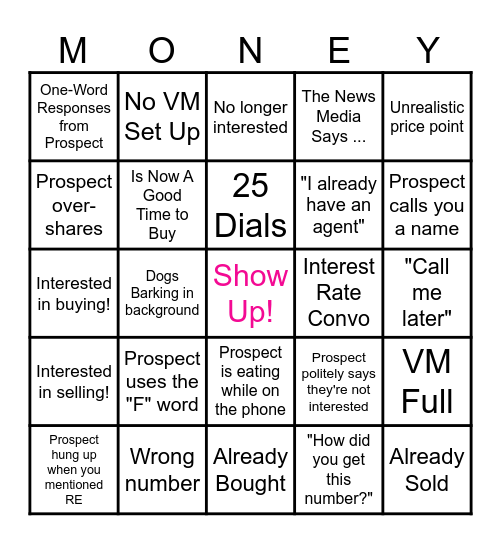 The Money Room Bingo Call Sheet Bingo Card