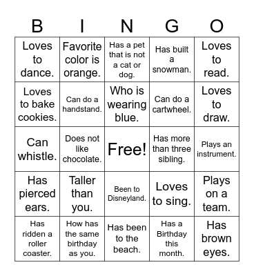 Getting to know you Bingo Card